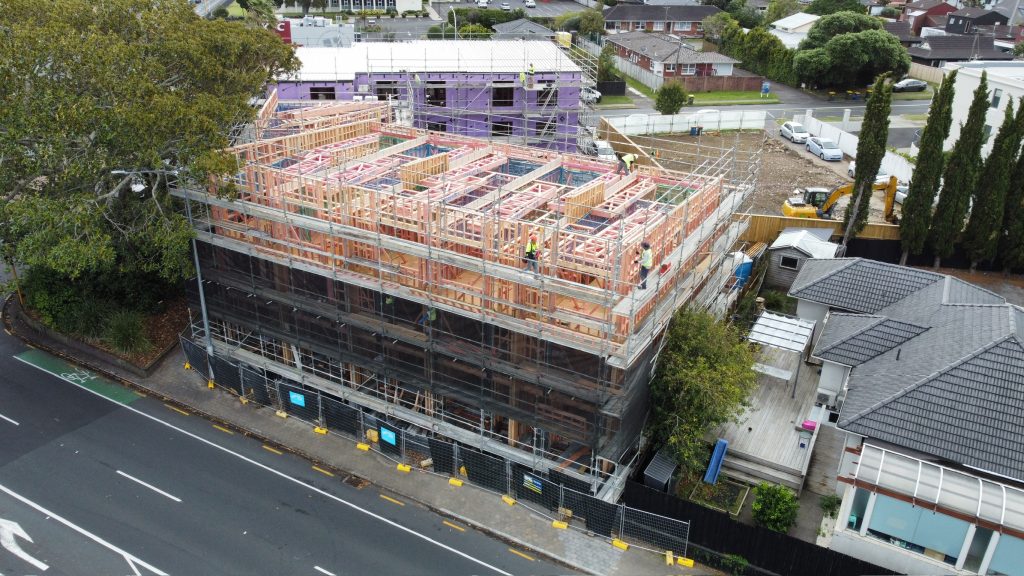 Aerial view of a multi-unit residential build managed by GTD Construction in Auckland