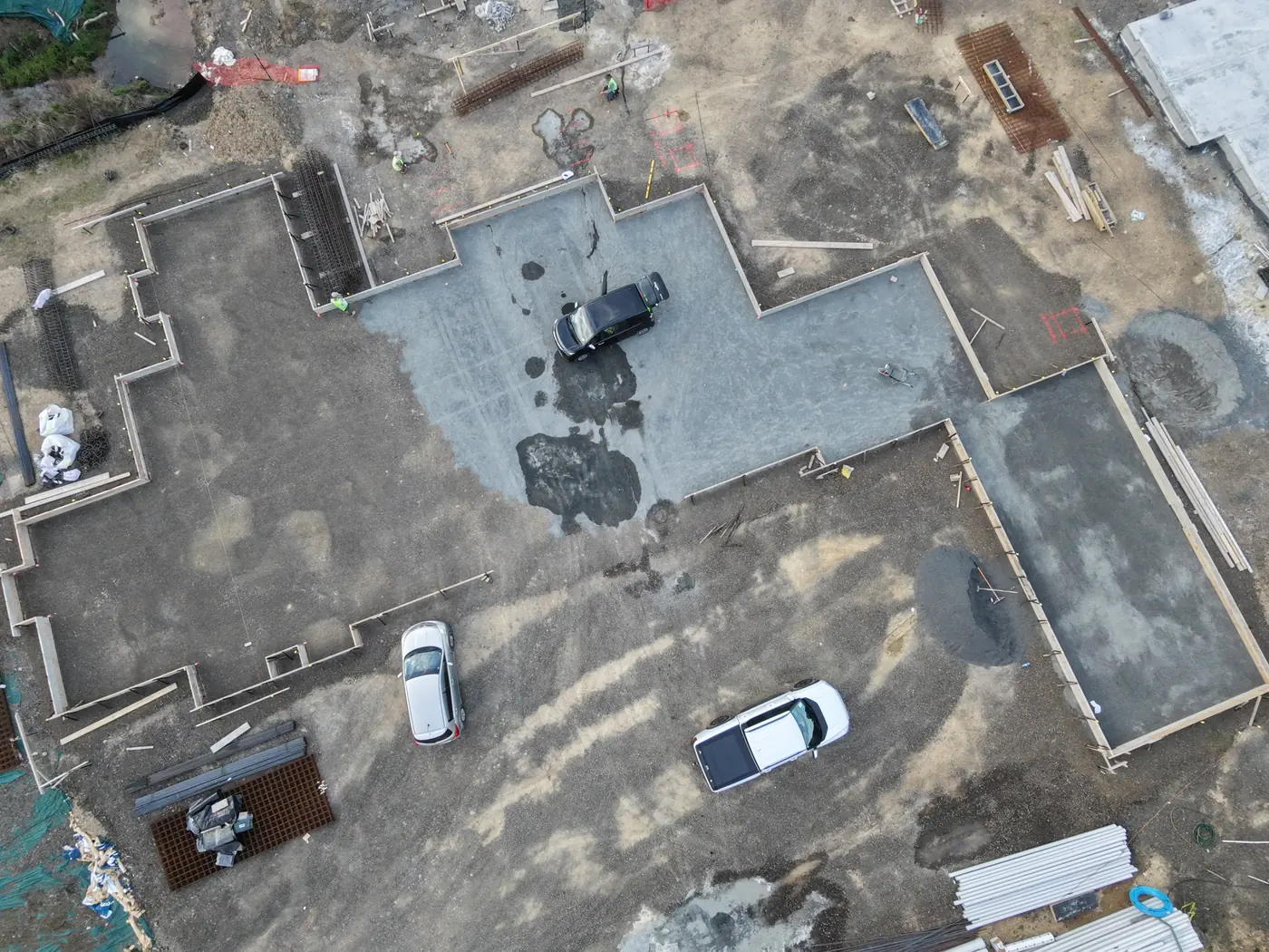 Aerial view of footing formwork and slab areas on a GTD Construction foundation site in Auckland