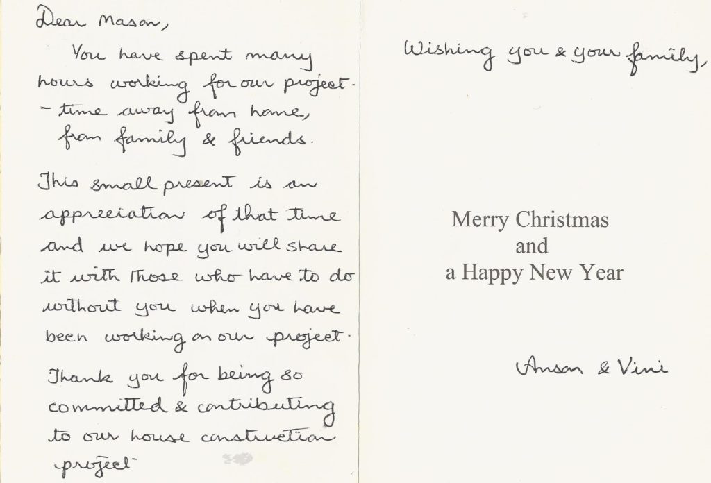 Handwritten thank you card from GTD Construction clients Anson and Vini